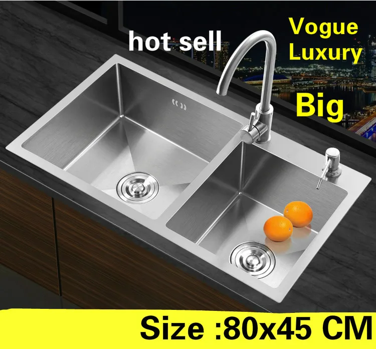 

Free shipping Home luxury wash vegetables 304 stainless steel large kitchen manual sink double groove hot sell 80x45 CM