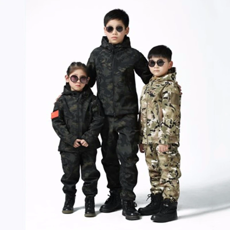 

Upgraded Camouflage Soft Shell Clothes Kids CS Fishing Hunting Children Sets Trekking Hiking Riding Sports Jacket Pants Suits