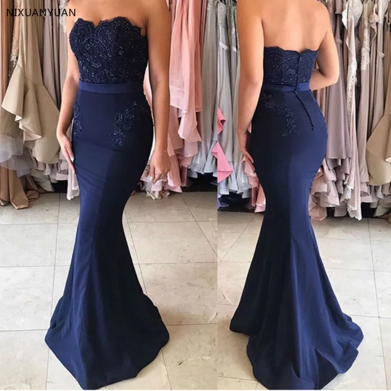 

Vestido De Festa Longo Bridesmaid Dresses Mermaid Style Navy Blue Sweetheart Satin Wedding Party Gowns Appliques Beaded Dresses