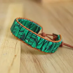 Women Men Boho Malachite Bracelet Handmade Jewelry Natural Stone Tube Beads Leather Wrap Bracelet Charm Bracelet Creative Gifts