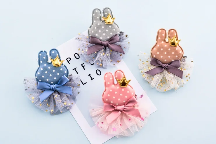 

20pcs Fashion Cute Polka Dot Crown Rabbit Hairpins Solid Kawaii Glitter Lace Bow Bunny Hair Clips Princess Easter Headwear