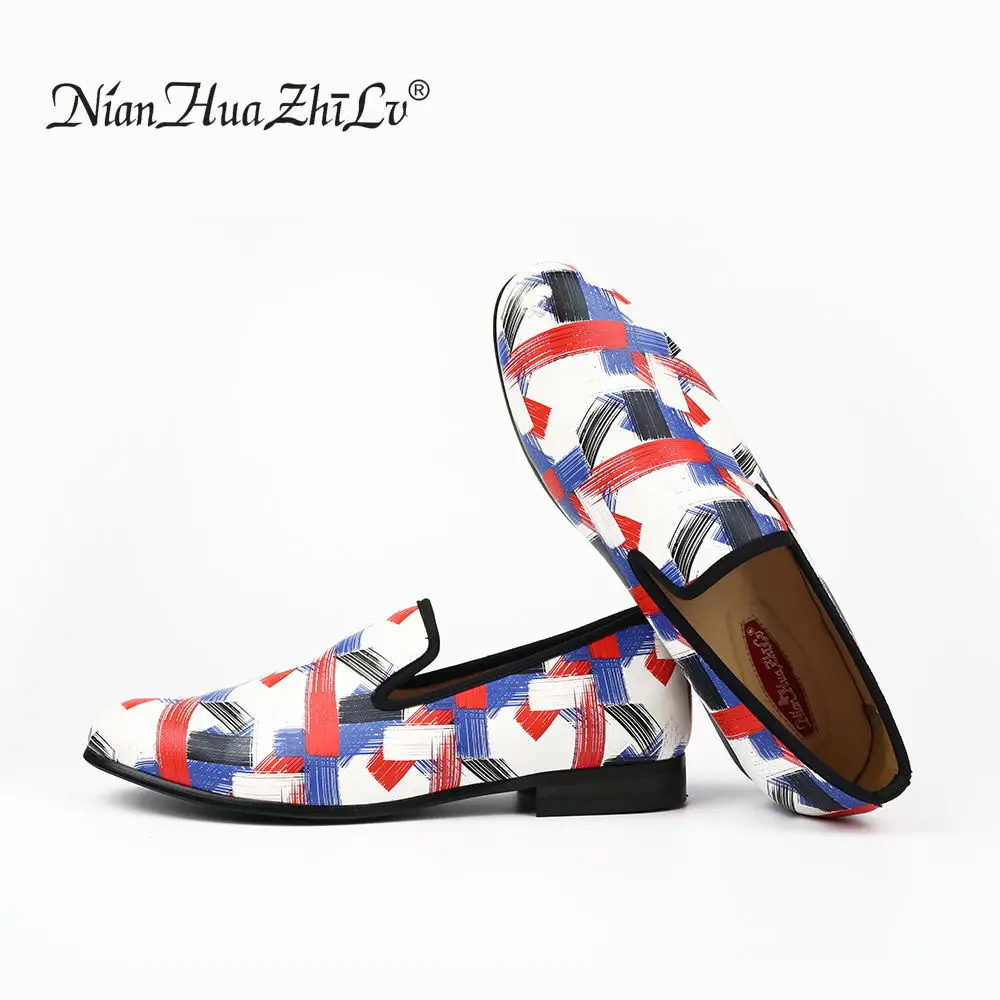 XQWFH Men Leather Shoes Mixed Colors Printed Loafers Fashion Handmade Casual Shoes Men\'s Party Wedding Dress Shoes Smoking Flats