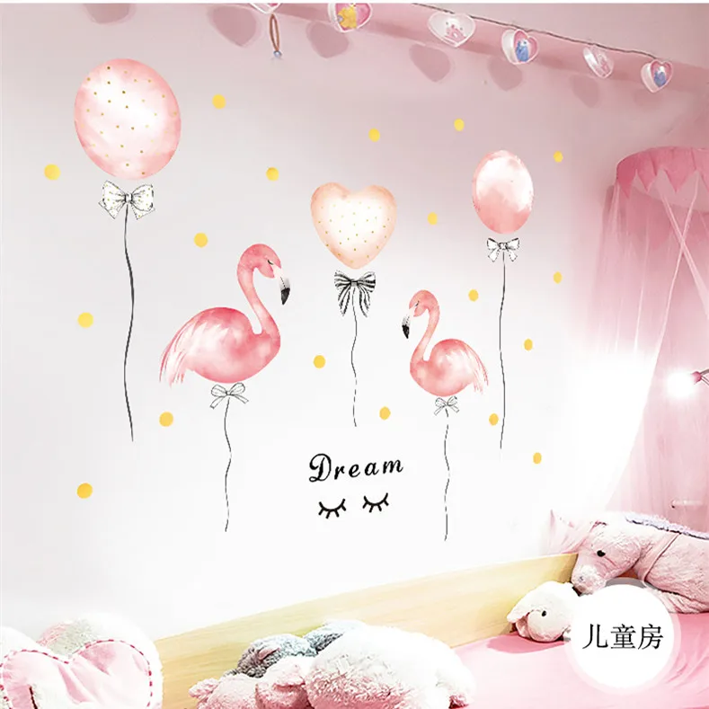 Dormitory Girl Room Decoration Flamingo Balloon Pink Wall Stickers Warm Bedroom Home Decor DIY Self-adhesive Wardrobe Stickers