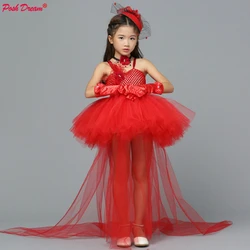 POSH DREAM Red Children Girls Wedding Party Clothes for Kids Floral Christmas Girls Dress Red with Train Feather Girls Clothing