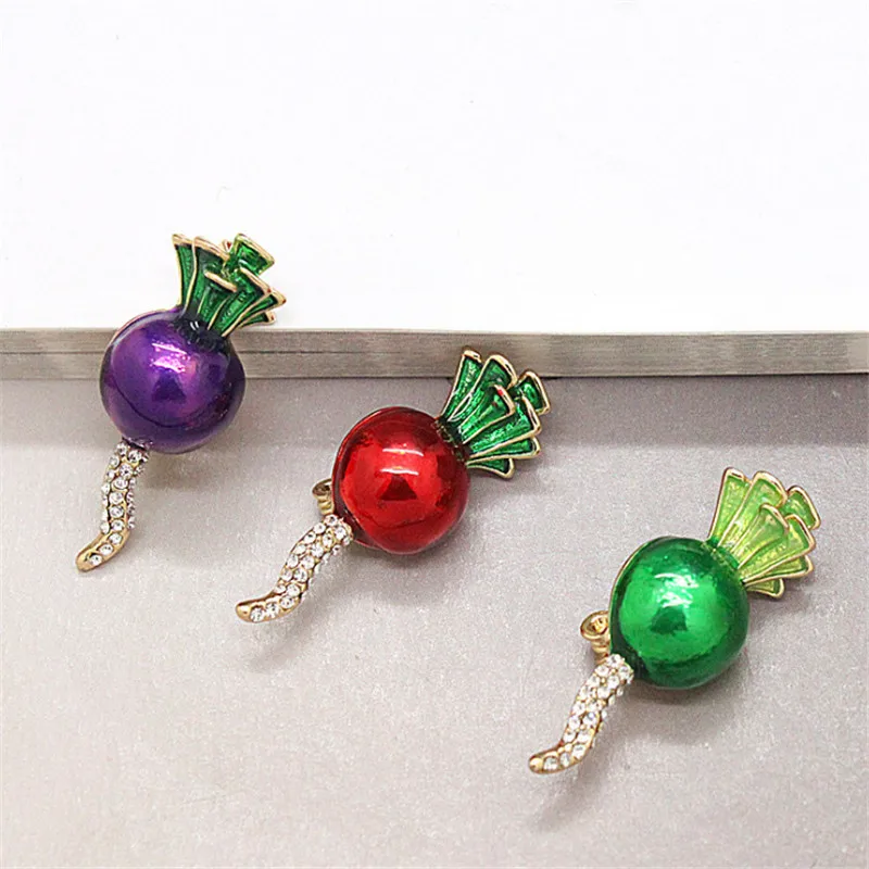 3 Color Radish Brooches Gold-color Enamel Plant Brooch Cute Badge Lapel Pins Shiny Crystal Men Women Kids Sweater Costume Clips