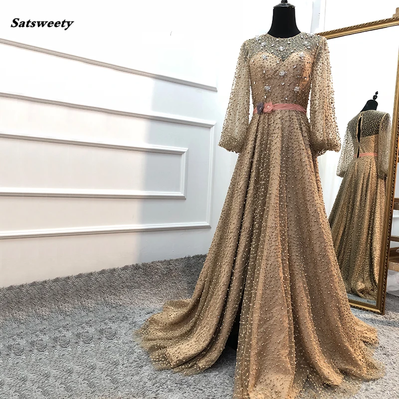 Brautjungfer Kleider 2022 Arabischen Kleid Luxus Diamant Perlen Sparkle Prom Kleider Lange Ärmel Mode Sexy Party Kleider