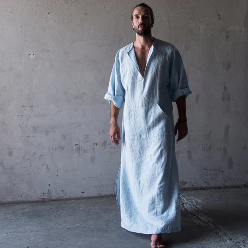 Mens Natural Linen Cotton Ultra Long Floor Length Robes Bathrobes Lounge Wear Casual Kaftan Thobe V Neck Long Gown Caftan Tunic