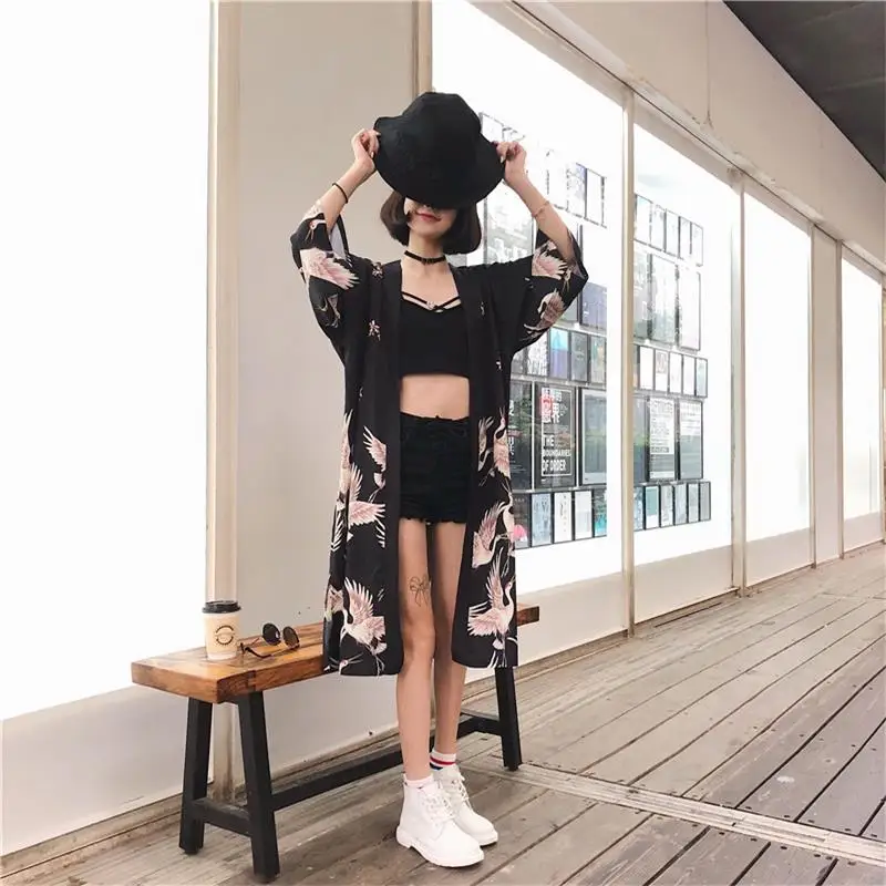 Harajuku womens tops and blouses swan Print Long Kimono Shirt Lacing up With Sashes sexy Beach Cardigan Mori Girl korean clothes