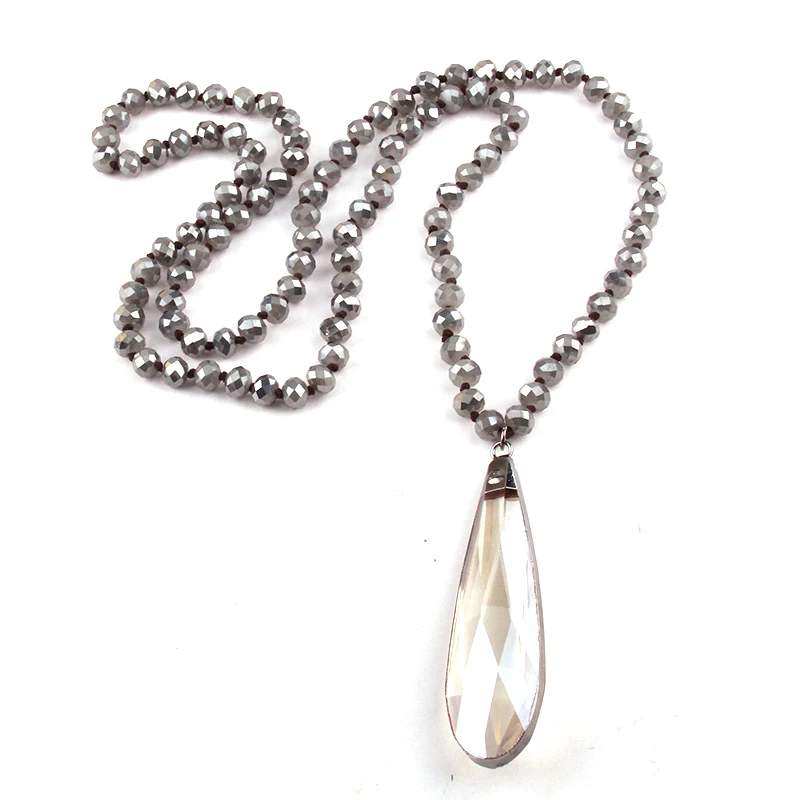 Fashion Jewelry Crystal Glass Long Knotted Glass Drop Pendant Necklace Wome Yoga Necklace