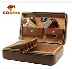 COHIBA-Genuine Leather and Cedar Wood Cigar Box Gift Set, Cigar Cutter, Cigar Cutter, Humidors, Cuba, Spain, 4Pcs