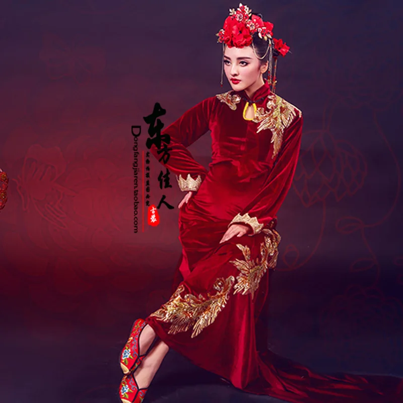 

Feng Qiu Huang Red Phoenix Cheongsam Chinese Style Personality Photography Costume for Pregnant Mummy Thematic Costume Hanfu