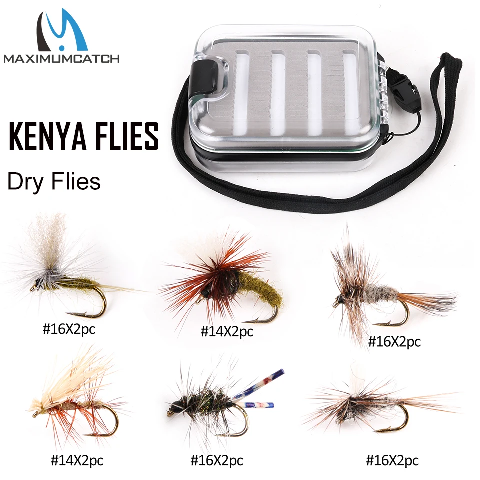 Maximumcatch 12-32 pcs Kenya Fly Flies with Fishing Box Hand-Selected Hackle 9 Assortments Fly Flies