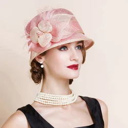 Hats Women Pink Fedoras Flowers Wide Brim Derby Hat Fascinator For Wedding Summer Church Party Ladies Chapeu Feminino