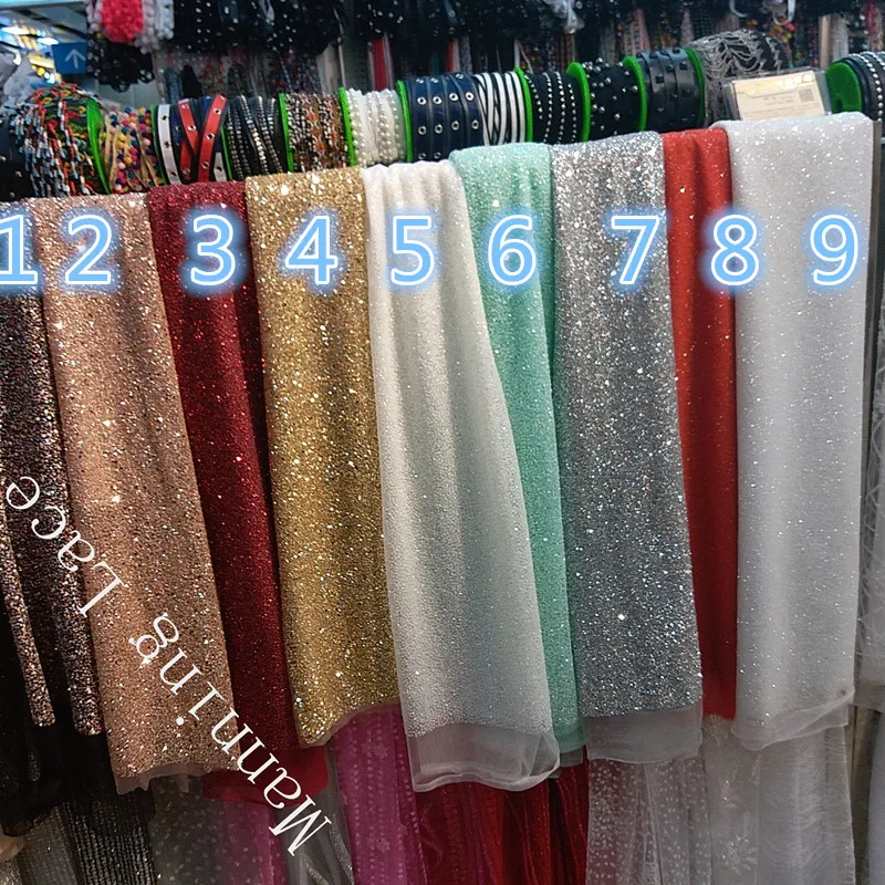 9 Colors Gold/Silver/Red/Light Blue/Champagne Gold is Very Sparkly Indian Wedding Fabric with Hand-Printed Glue and Sequins