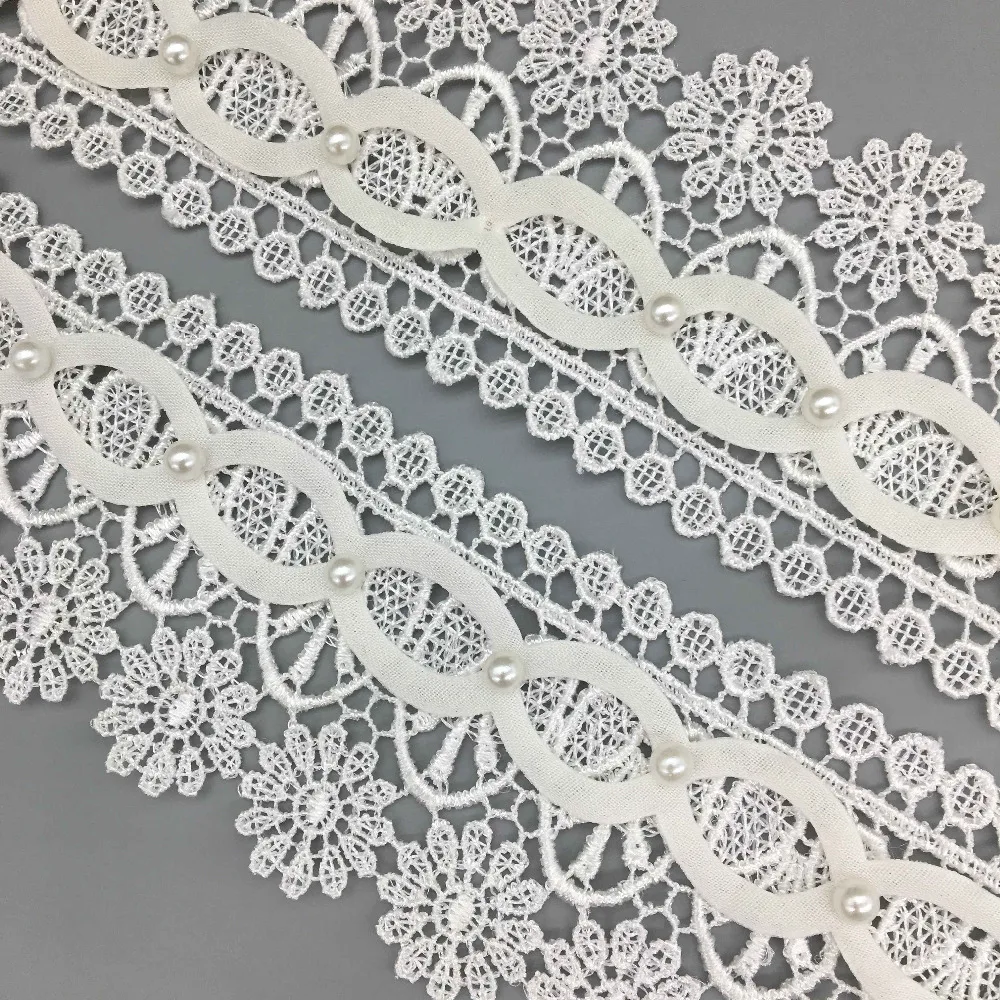 Garnitures en dentelle de fleurs de perles brodées blanches, ruban pour vêtements, zones, rideaux, décoration de robe de mariée, accessoires de bricolage, 2 verges