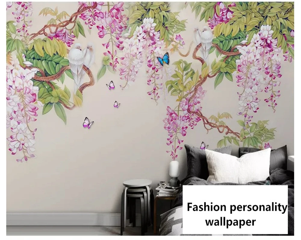 beibehang wall paper Modern hand-painted wisteria flower butterfly TV sofa background decoration painting personality wallpaper