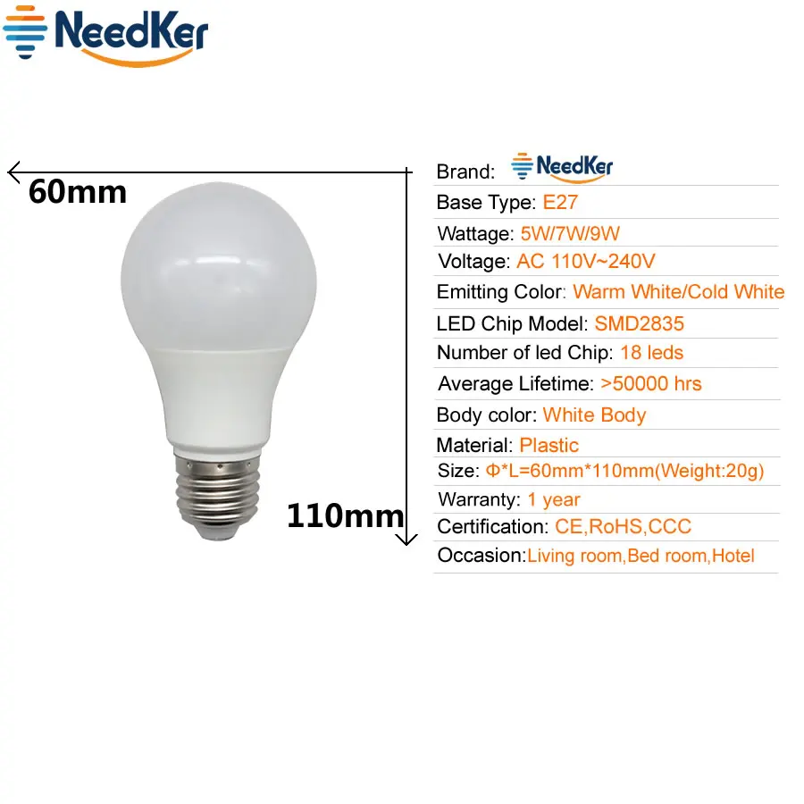 NeedKer A60 LED Bulbs E27 SMD2835 5W 7W 9W Lampada LED Light AC 110V 220V 240V LED Lights Warm Cold White Indoor Lighting