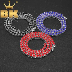 THE BLING KING 1 Row Tennis Chains Necklace For Men Iced Blue/Red/Black Colored Rhinestones Link Choker Hiphop Jewelry