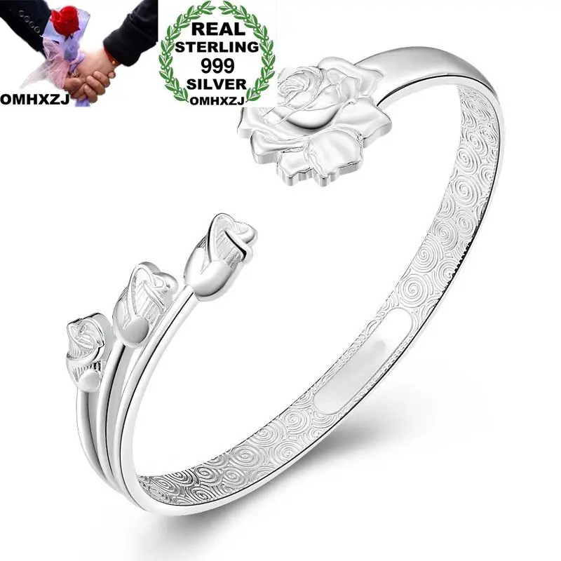 OMHXZJ Wholesale European Fashion Woman Girl Party Wedding Gift Rose Flower Open S999 Sterling Silver Cuff Bangle BA53