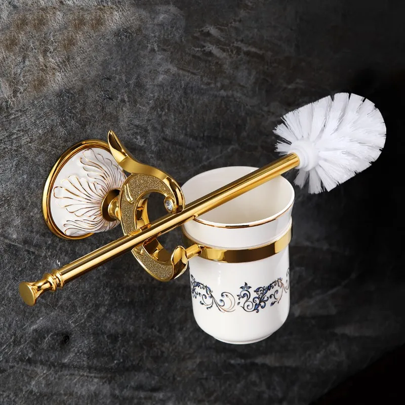 Gold plated brass Toilet brush holder with ceramics cup High-quality Bathroom hardware accessories