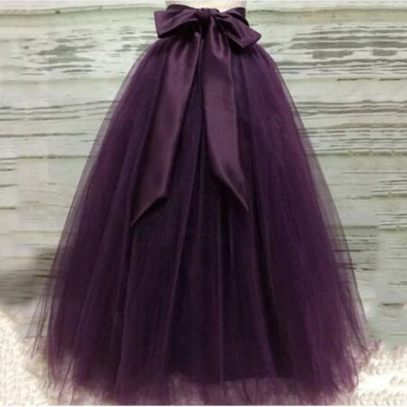 Pretty Dark Purple High Elastic Waistline Long Tulle Skirts For Women With Bow Ribbon Mesh Puffy Tutu Skirt Adult Saias Custom