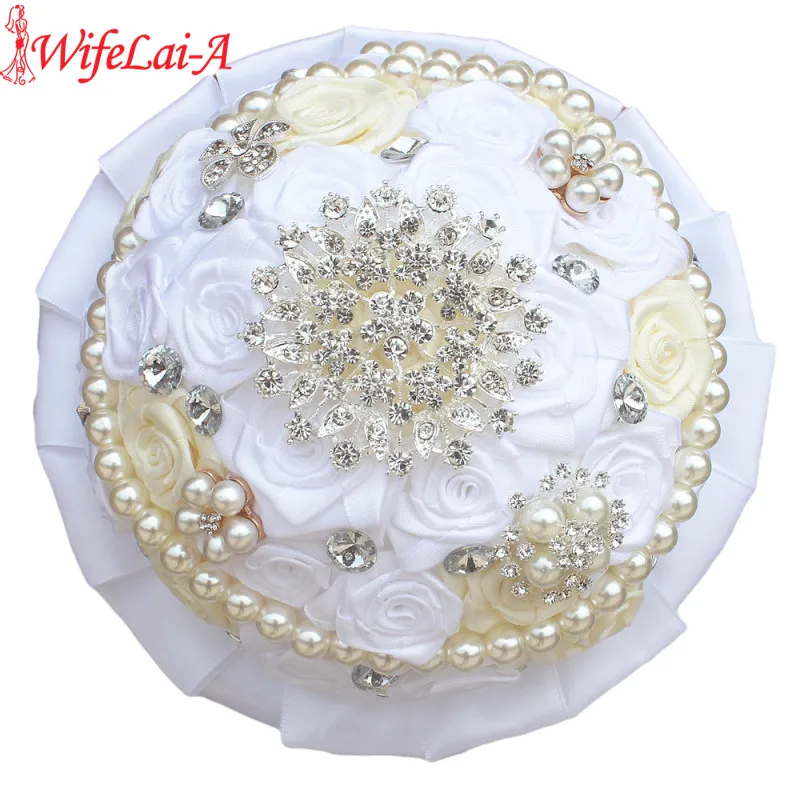 WifeLai-A White Ivory Bridal Wedding Bouquet Crystal Jewelry Pearl Beads Brooch Bouquet Silk Ribbon Wedding Flower Bouquet W179