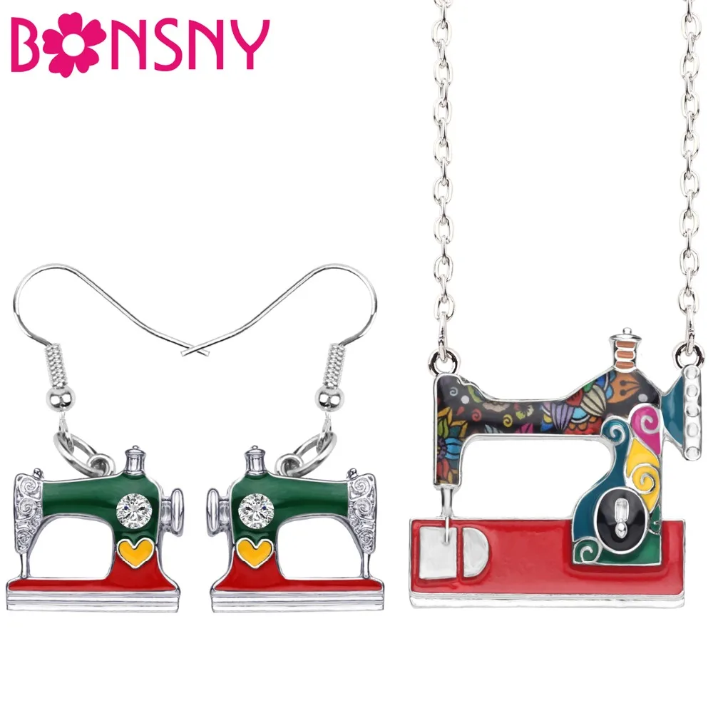 

Bonsny Statement Enamel Alloy Sewing Machine Earrings Necklace Pendant Fashion Tools Jewelry Sets For Women Girl Gift Bijoux New