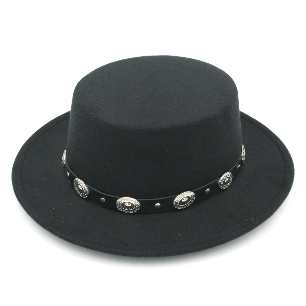 

Mistdawn Fashion Women Men Wool Blend Boater Hat Wide Brim Pork Pie Cap Flat Top Hat Leather Band Size 56-58cm