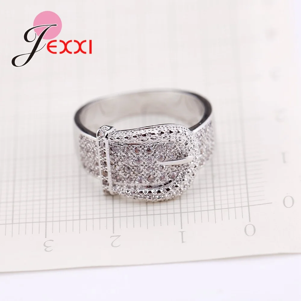 Unique Belt Shape Design Micro Pave Rhinestones Wide 925 Sterling Silver Band Rings For Women Wedding Anniversary