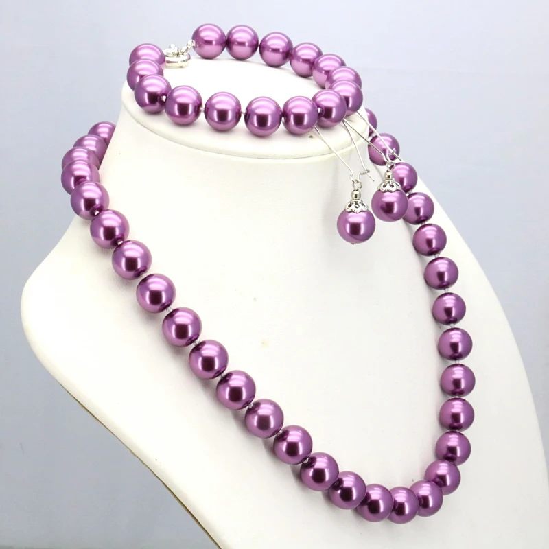 Hot!purple glass pearl necklace set 12mm necklace 18\