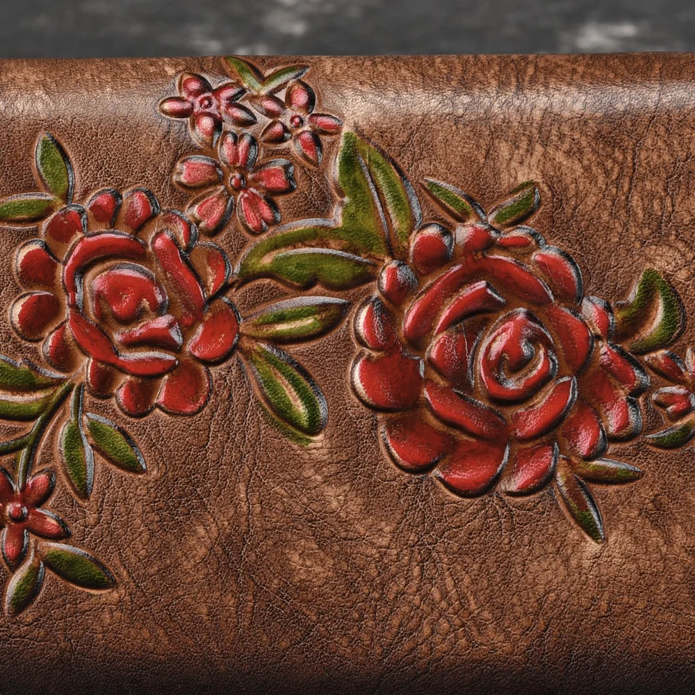 SOUTH GOOSE Fashion Women Wallet Genuine Leather Luxury Long Clutch Handy Bag Printing Floral Female Card Purse Money Clips