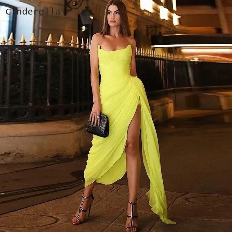 

Cinderella Special Design Yellow Scoop Sleeveless Zipper Back Side Slit A-Line Chiffon Prom Dresses Ankel Length Prom Dresses