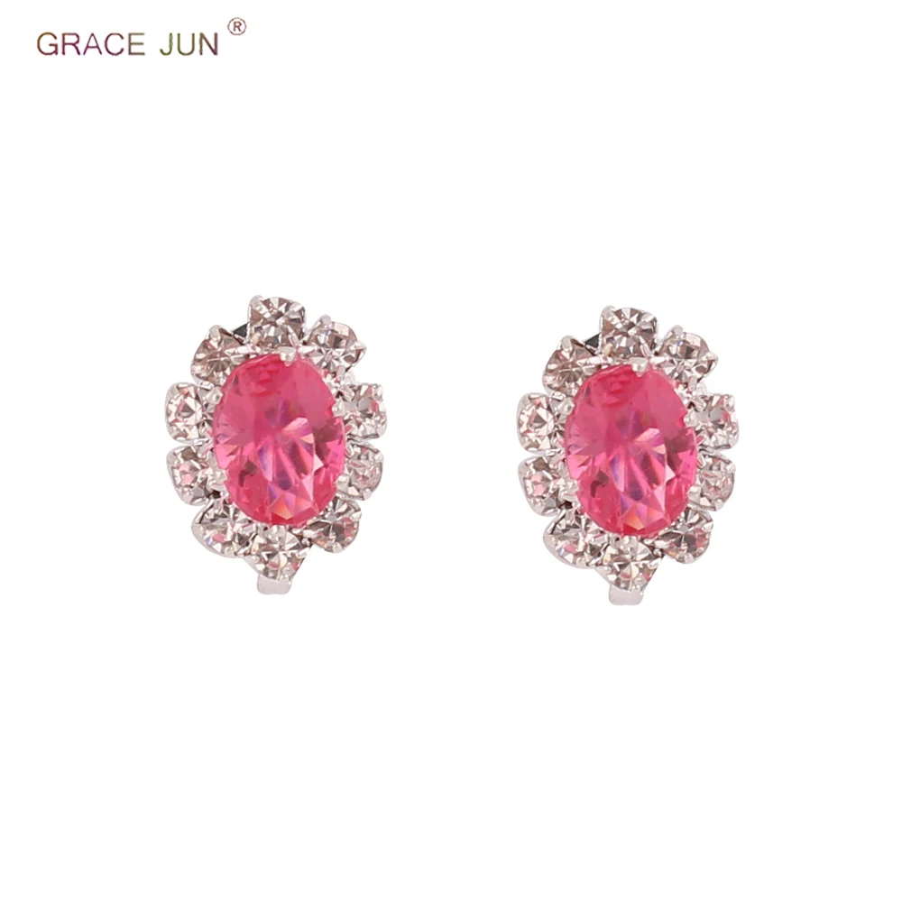 GRACE JUN 5 Colors Available Rhinestone Crystal Oval Shape Clip on Earrings Non Pierced for Women&Girl Charm Ear Clip Bijouterie