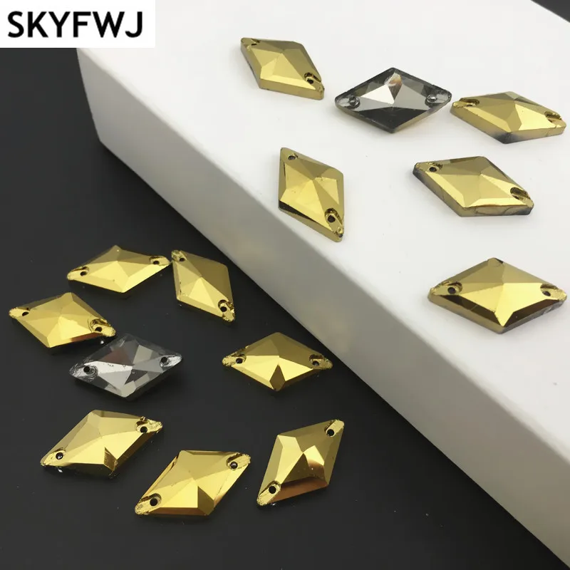 11x19mm Gold Hematite Color Glass Rhombus Shape Sew On Rhinestone Flatback Sewing Crystal Stones Dress Jewelry Making