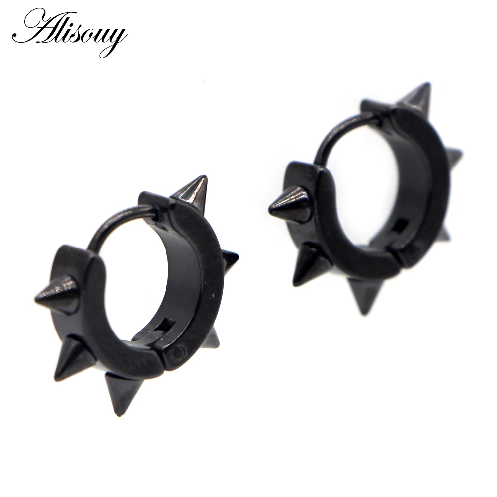 Alisouy 1 pair Fashion 4 Styles Rock Punk Gothic Style Men's Women's Stainless Steel Taper Round Spike Stud Earrings 9mm 7mm