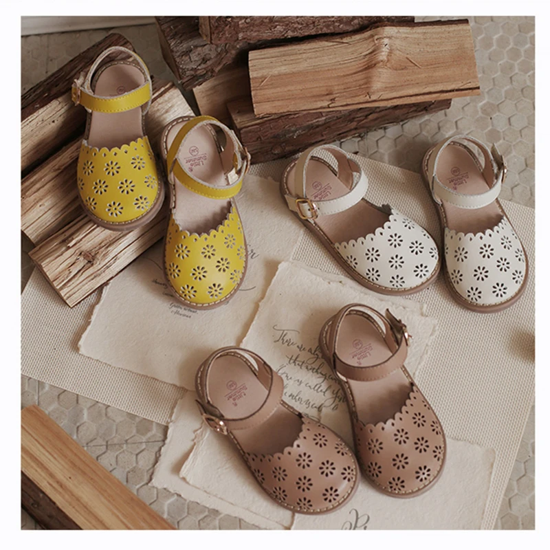 Summer Girls Sandals Cut-Outs Petal Kids Shoes Genuine Leather Princess Sandals High-grade Children Sandals