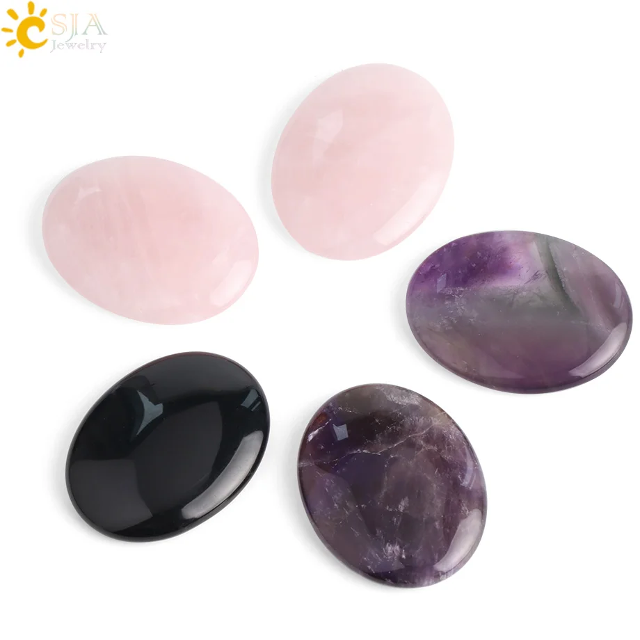 CSJA Natural Stone Thumb Massage Scraping Plate Healing Beads Purple Crystal Pink Quartz Body Care Tool Women Men Jewellery G030