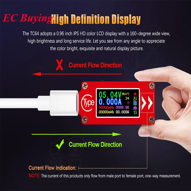TC64 Type-C Color LCD USB Voltmeter Ammeter Voltage Current Meter Multimeter Battery PD Fast Charge Power Bank USB Tester