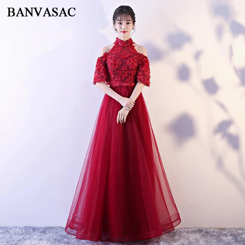 BANVASAC Vintage Halter ดอกไม้ Appliques สายชุดราตรียาวพรรคลูกไม้ครึ่งแขน Bow Sash Prom Gowns