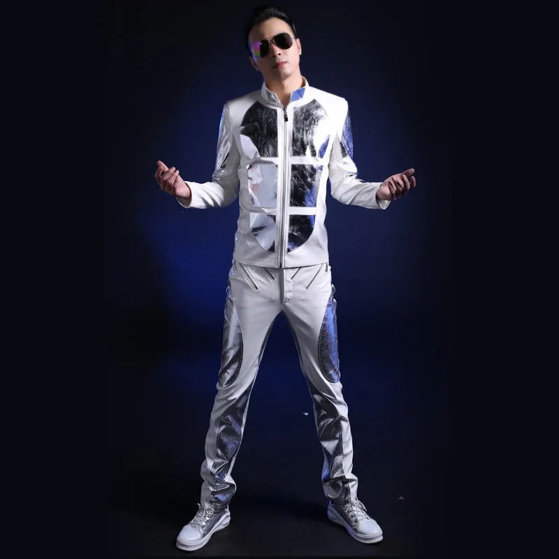 New design Bar Performance Costume Men Nightclub Nights DS White Patent Leather Stage Costume