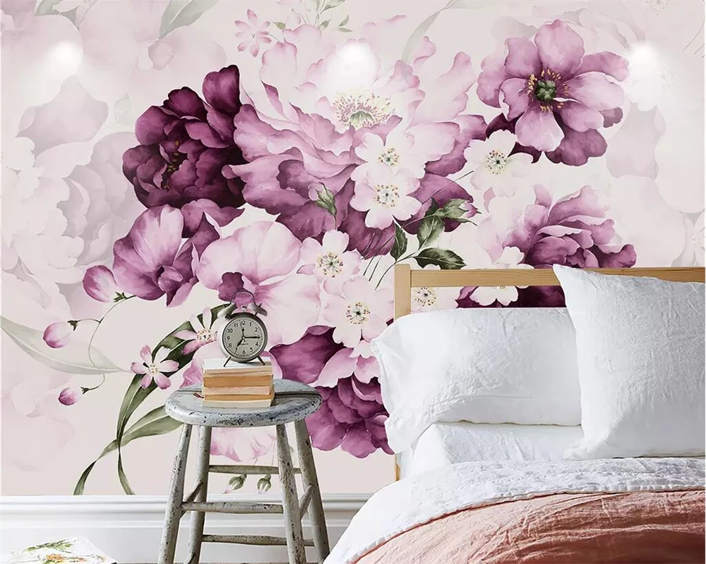 

Custom wallpaper purple beautiful hand-painted watercolor flower living room sofa bed background walls 3d wallpaper