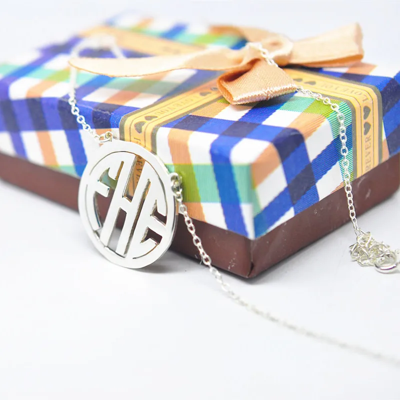 

Solid Silver 1" Circle Block Monogram Necklace Personalized 3 Initial Nameplate Pendent BFF Colar