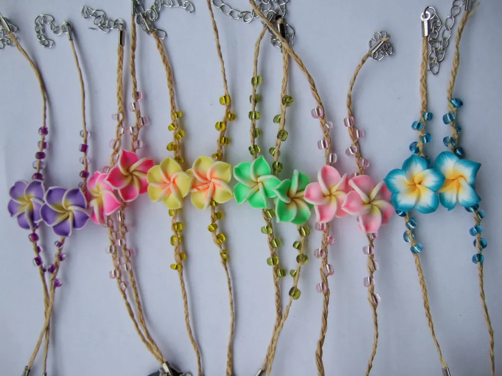 12pcs mixed color Natural Woven Raffia Plumeria Flower Clay Lucky Bracelets Fine Jewelry