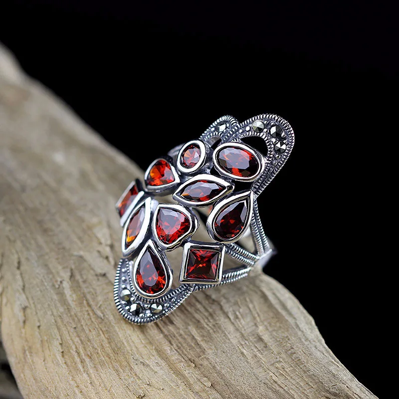 

S925 Silver Jewelry Thai Silver Seiko Ms. Pavement Pomegranate Red Ring