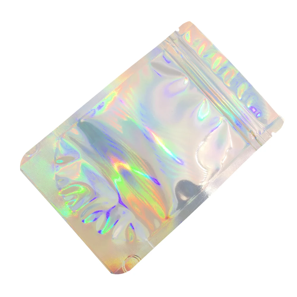 Thick 50pcs Aluminum Foil Laser Zip Lock Pouch Clear Hologram Rainbow Stand Up Zip Lock Plastic Packaging Bag with Tear Notch