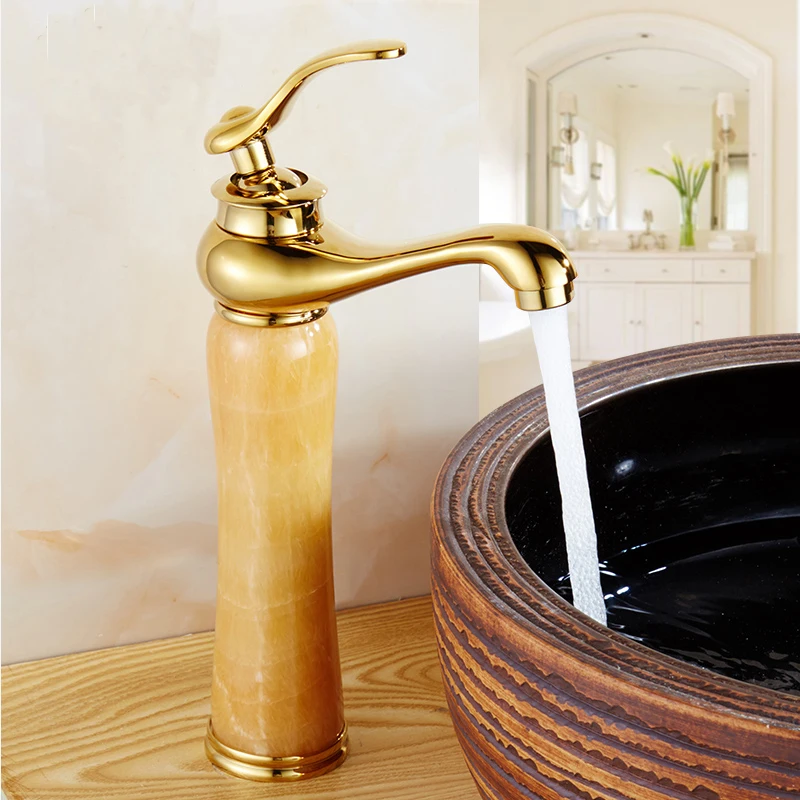 

European green jade marble hot and cold water basin faucet Copper gold plated Magic Lamp style wash basin faucet mixer tap