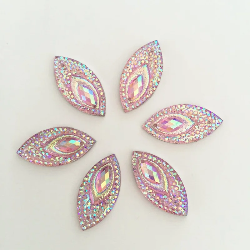 AB Resin Horse Eye Flatback Peacock Eye Rhinestone Wedding Decoration 2 Hole 40PCS 11*22mm ID34*2