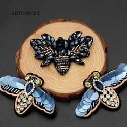 AHYONNIEX Promotion 1PC Blue Sequins Beads Bee Patches Applique Sew On Butterfly Clothes Shoes Bags Decoration DIY Patch