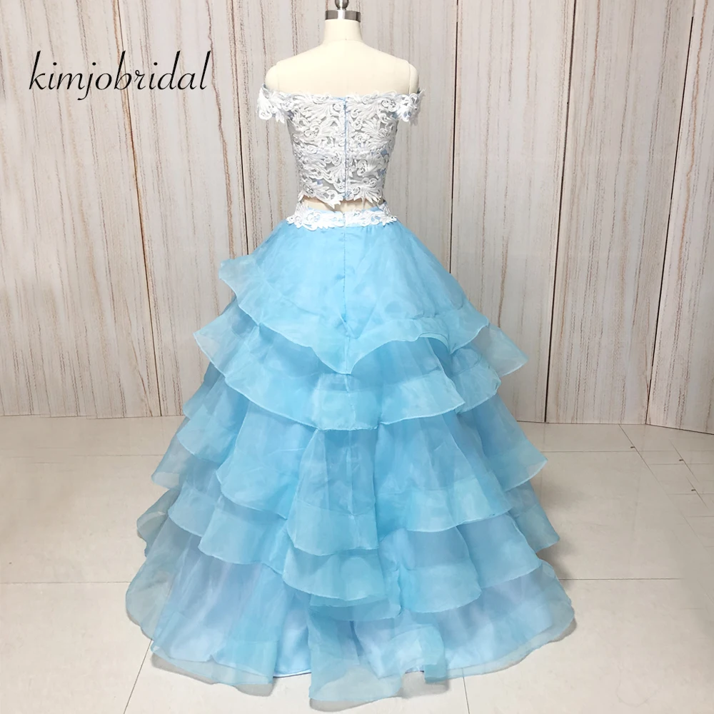 Vestidos de noche con cuello en v, Apliques de encaje, volantes, organza, escalonados, longitud hasta el suelo, vestidos de graduación, azul, 2018