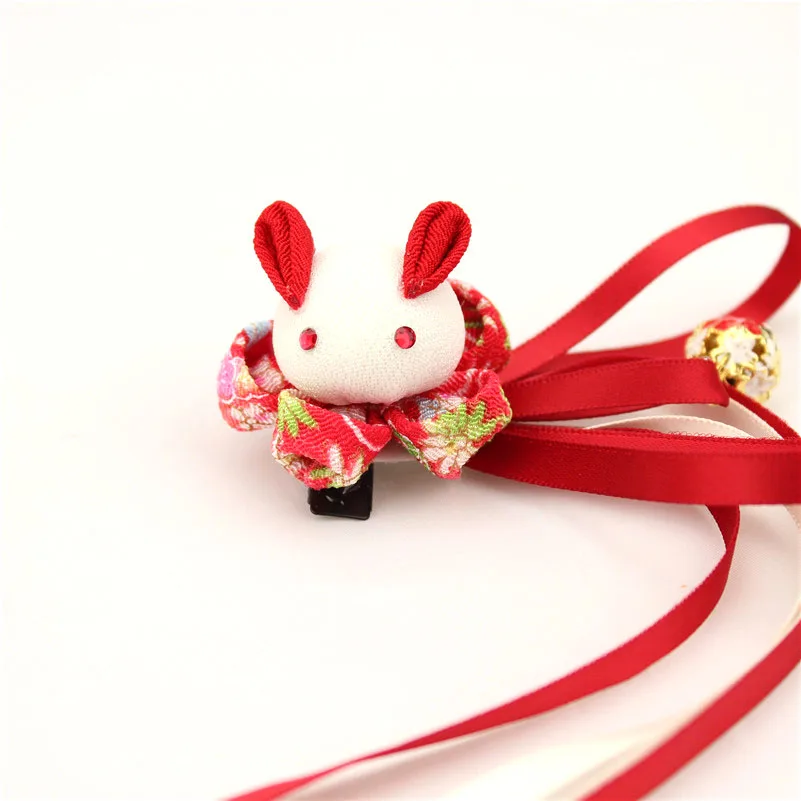 Kanzashi Hair Clips Flowers Red Rabbit Girls Maru-tsumami Kimono Yukata Outfit Headwear Ornaments Accesorry